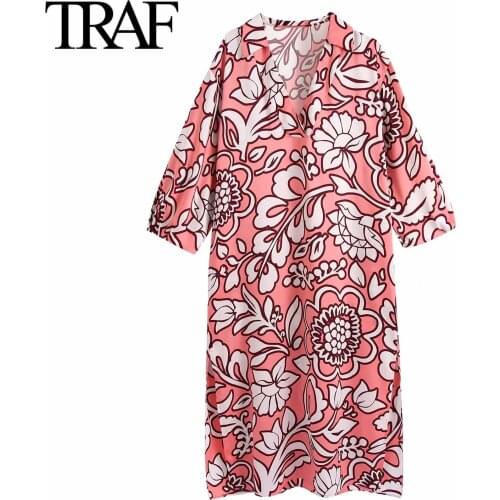 Traf Za Women Clothing Fashion Pink Big Shirt Dress Female Robe Loose V-neck Printed Vintage Dress Vestidos Mujer