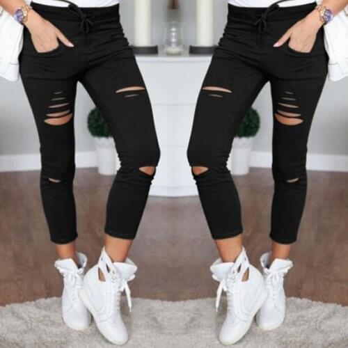 Casual Skinny High Waist Jeans Women Stretch Hole Slim Fit Denim Pencil Pants Trousers Army Green White Black XXL