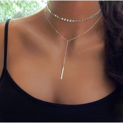Simple Long Bar Choker Necklace For Women Silver Color Coin Chocker Necklaces collar collier ras du cou femme