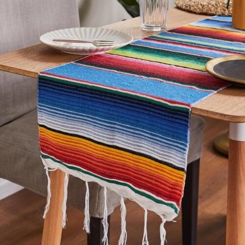 35*215CM Mexican Striped Modern Table Runner With Tassel Wedding Party Table Cover Cotton Rainbow Table Cloth Flag Home Decor