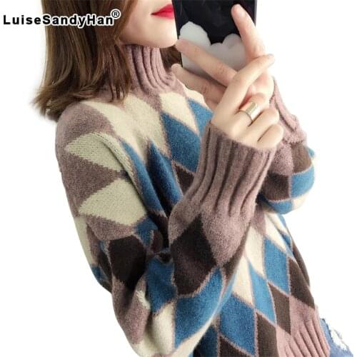 Half-neck sweater womens head 2020 autumn and winter new loose diamond long-sleeved solid color bottoming sweater