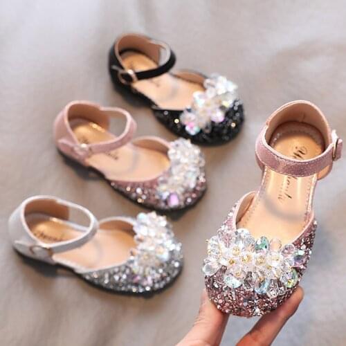Girls Shoes Rhinestone Princess Shoes Round Toe Sandals Bling Ankle Strap Party Wedding Shoes Dance Baby Children Kids Toddlers