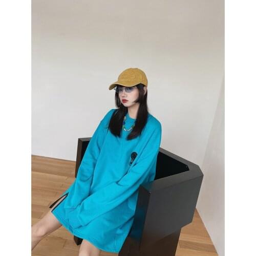 Street zipper split design loose oversize medium and long tees autumn mens and womens long sleeve T-shirts