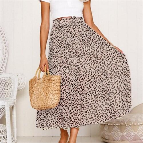 Womens Straight Pleated Long Maxi Skirts Leopard Printed Elastic Waist Skirt Female Evening Party Summer Beach Casual Skirts New
