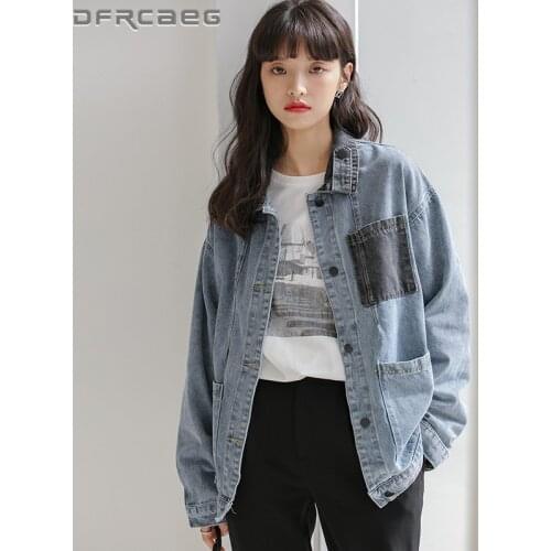 Patchwork Vintage Blue Denim Jacket For Women 2021 Spring Autumn Streetwear Long Sleeve Coats Jeans Loose Outwear