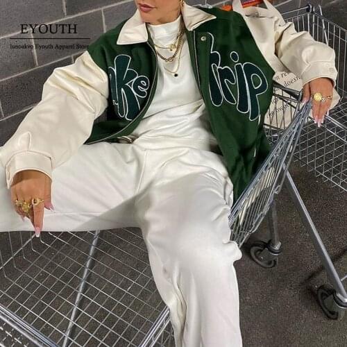 2021 Autumn ‘TAKE A TRIP’ Bomber Jacket Women Grass Green Contrast Sleeve Bomber Jacket with Letter Applique Baseball Jacket