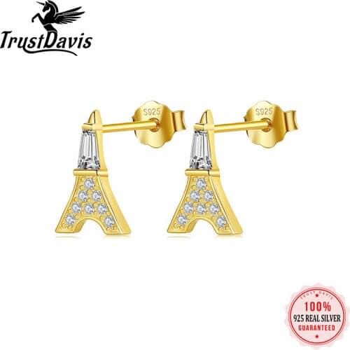 ElfoPlataSi Genuine 925 Sterling Silver Eiffel Tower CZ Stud Earrings Birthday Gift For Women Daughter Girls Jewelry L014