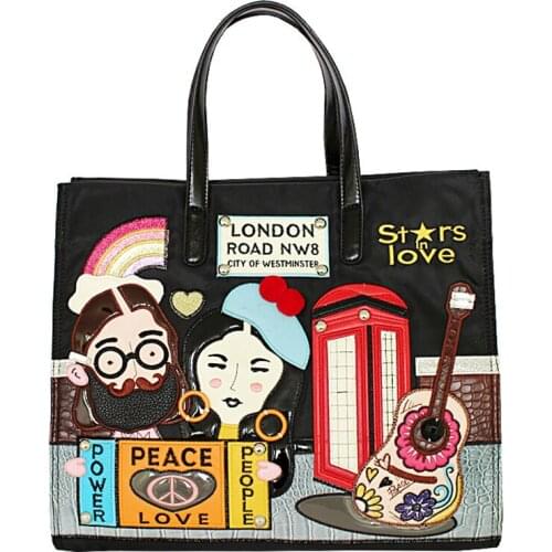 Women Bags Leather Patchwork Embroidery Handbags Girl Shoulder Bags Messenger Bag Totes Braccialini Style Cartoon Star Love