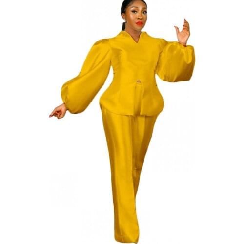 Ladies Trouser Suit Solid Color Puff Sleeve Top Wide Leg Pants Two-Piece Sexy Casual Womens 2021 Fall V-Neck Slim Office Outfit