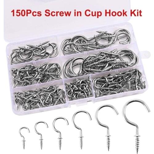 150Pcs Screw in Cup Hook Kit Nickel Plated Heavy Duty Metal Screw in Wall Hook 7 Sizes Screw in Hanger Hooks for Plant Lights