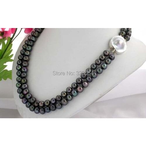 2strands 17" 10mm black round freshwater pearl Necklace hope pearl clasp