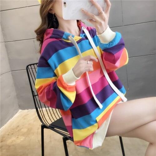 2021 Colorful Rainbow Stripe Harajuku Casual Hoodies Sweatshirt Tops Pullovers Female Thin Loose Plus Size 2XL Korean Fashion