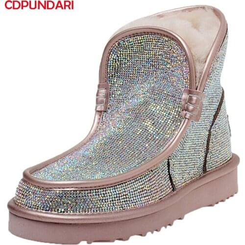2021 Luxury Sequined Cloth Wool Flat Platform Ankle Snow Boots For Women Winter Chunky Short Boots Shoes Botines Mujer