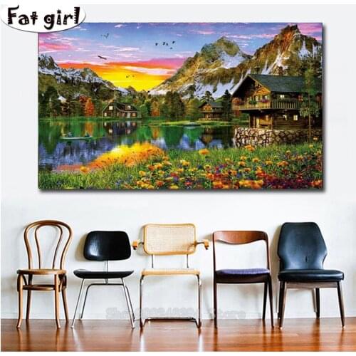 DIY 5D Diamond Painting Mountain lake chalet sunset diamond Cross Stitch Rhinestone square round landscape Mosaic Decor Picture