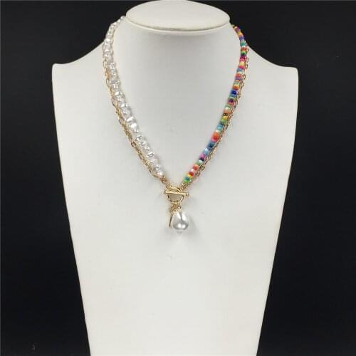 Bohemia Gold Color Plating Irregular Pearl Colorful Bead Strand Key Charm T O Bar Necklace For Women Girl Elegant Gorgeous Jewel