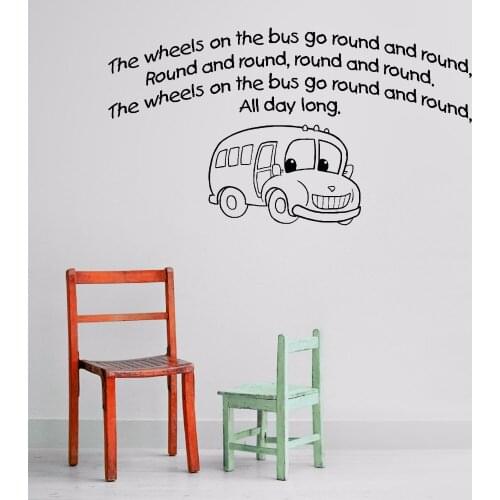 Kids Room Wall Sticker The Wheels On The Bus Wall Art Mural Bus Quote Poster Wall Decal Nursery Boys Room Decoration AY679