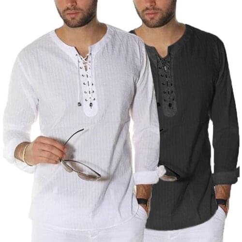 Casual T Shirt Men Tops Long Sleeves Bandage Male O Neck Black Men Fashion Breathable Clothes S-3XL Streetwear