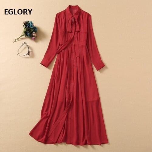 Red Long Dress 2021 Spring Runway Fashion Women Turn-down Collar Bow Deco Full Sleeve Long Shirt Style Dress Maxi Party Wear