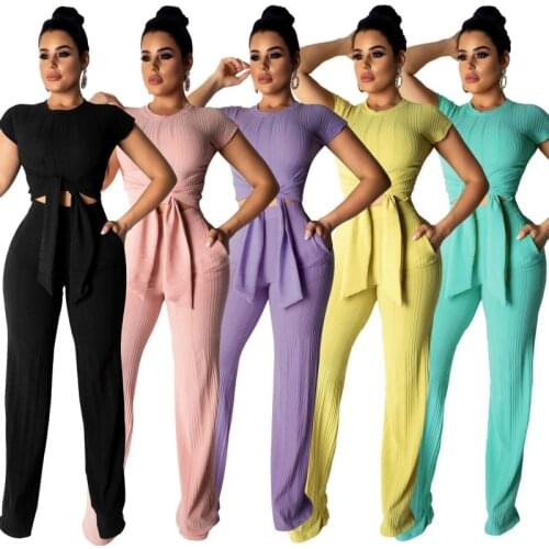 Summer Womens Suit Sexy Two Piece Set Short Sleeve Solid Long Pants With Bow Fashion Suit outfits two piece suit sets 2020