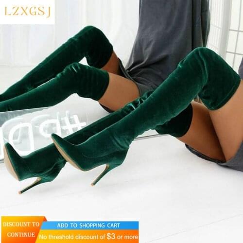 Fashion Women High Boots 2021 Sexy Pointed Toe Thin Heel Thigh High Long Boots Female Flock Elastic Green Over The Knee Boots