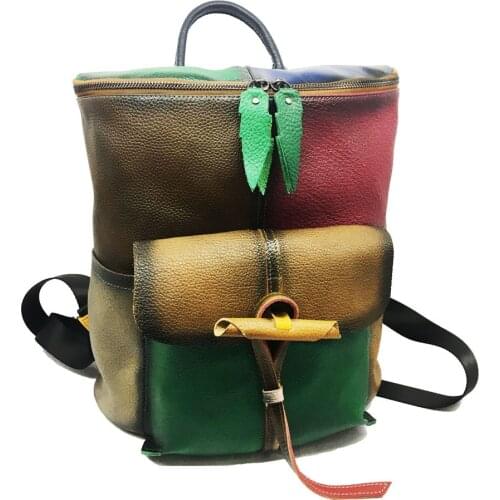 New Hand-Painted Womens Bag Shoulder Bag Top Layer Leather Backpack Retro Zhen Pi Bao