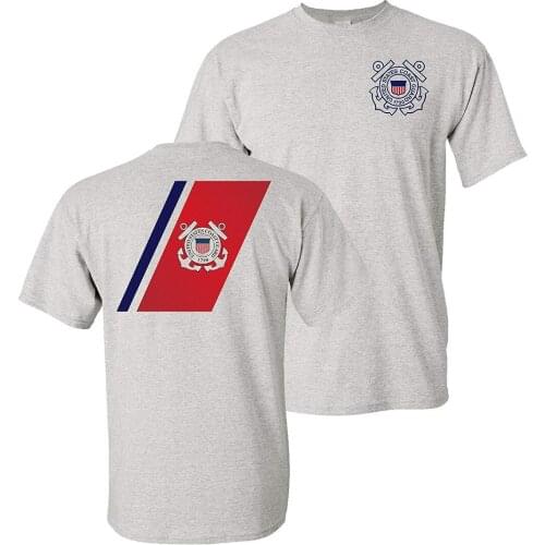 2018 New Brand USCG US Coast Guard Racing Stripe Front & Back Ash Grey T-Shirt USA