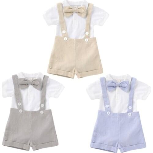 New Summer Boys Short Sleeve Bow Tie Gentlemans Khaki + Suspender Suit Ins Fashion Baby Boys And Girls Sets