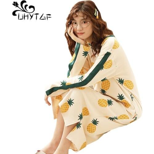 UHYTGF sleepwear women Cotton long-sleeved spring autumn nightdress dress Female Fashion Print pullover Sweet long nightgown1275