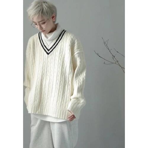 Autumn V-neck Sweater Women Vintage Jumper Blue Knitted Striped Sweaters For Women White Harajuku Sweater Pullover Winter Warm