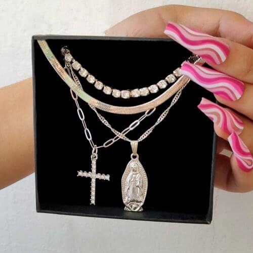 New Trendy Metal Cross Maria Portrait Snake Chain Multi-layer Necklace For Women Crystal Tennis Chain Necklaces Party Jewelry
