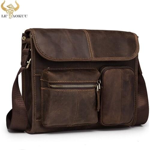 New Fashion Real Leather Male Casual messenger bag Satchel Design 11" Pad Crossbody Shoulder bag School Book Bag For Men 202-d