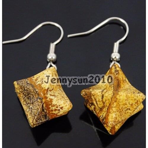 Natural Picture Ja-sper Gems Stone Merkaba Healing Reiki Chakra Pendant Silver Plated Hook Earrings Set 5 Pairs/Pack