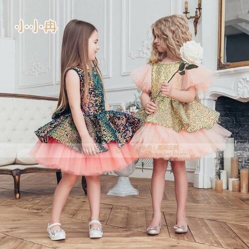Luxury Sequines Baby Girls Birthday Party Dresses For Party O Neck Princess Performance Costumes Knee Length
