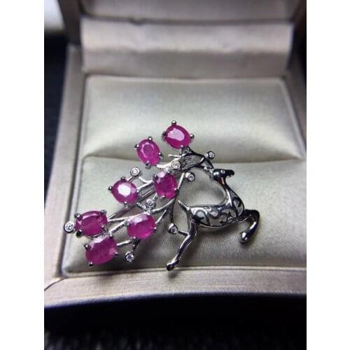 Ruby brooch Free shipping Natural real Ruby 925 sterling silver brooch Flower 4*5mm 7pcs gemstone