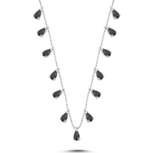 Silver 925 Sterling Drop Black Zircon Stone Dangle Necklace