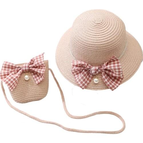 Girls Sun Hat Braided Bag Sun Protection Sweet Kids Bow Knot Hat Bag Suit for Beach Fashion Accessories Cap Bag Set
