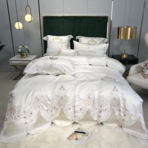 White Washed Silk/Cotton Crown Embroidery European Palace Wedding Solid Bedding Set Quilt/Duvet Cover Bed Sheet Linen Pillowcase