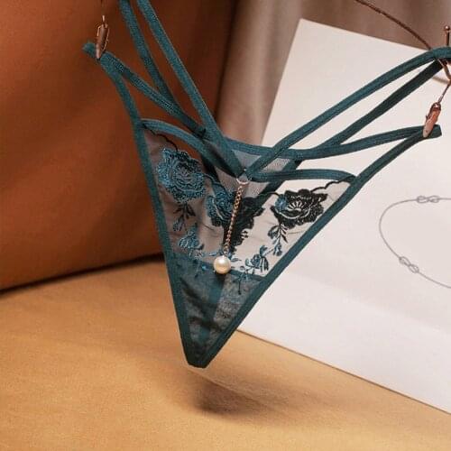 Sexy Criss-Cross Pearl Women G-String Hot See Through Embroidery Floral Lingerie Panties Fashion Clubwear Female Underwear Thong