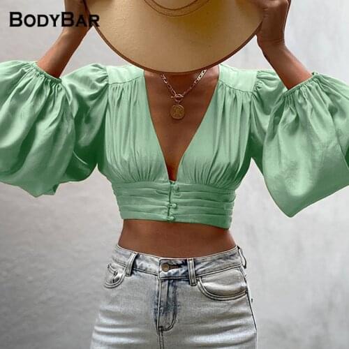 2021 Sexy Female Long Puff Sleeve Satin T Shirt Casual Deep V-neck Elegant Office Top Short Crop T-shirt Female Party Streetwear
