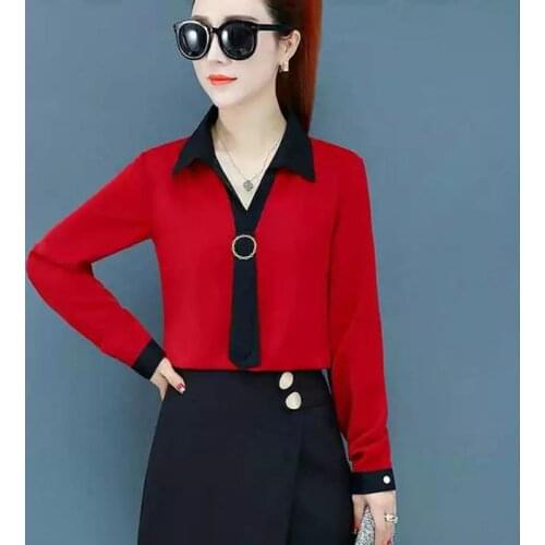 Womens Shirt Spring Fashion Woman Blouses Vintage Korean Office Blouse Women Tops Plus Size Camisas Mujer Red White DD2617