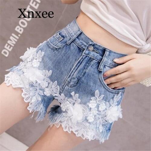 White Lace Flowers Denim Jeans Women Fashion Cowboy Shorts New Embroidery Beading Lace Shorts Large Size Casual Hot Shorts