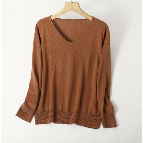 Womens 85% Silk 15% Cashmere V Neck everyday Long Sleeve Pullover Sweater Top Shirt LY005