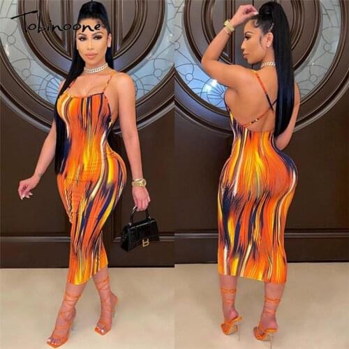 Tobinoone Print Backless Bandage Sexy Dress Women Bodycon Spaghetti Strap Midi Dresses Cross Back Slim Party Summer Vestidos