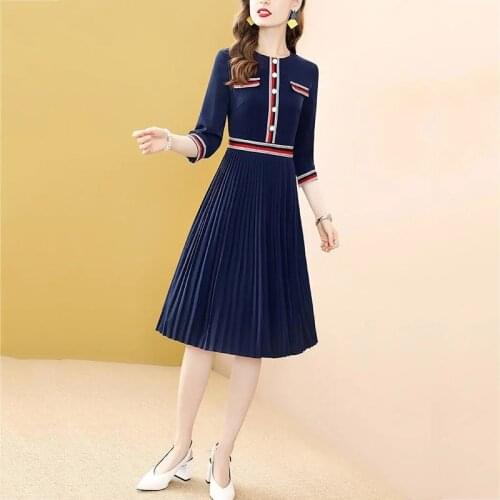 Plus Size 4xl Women Three Quarter Dress New Striped Pleated Autumn Winter Dress Female Casual Large Size Office Dresses Lu1322