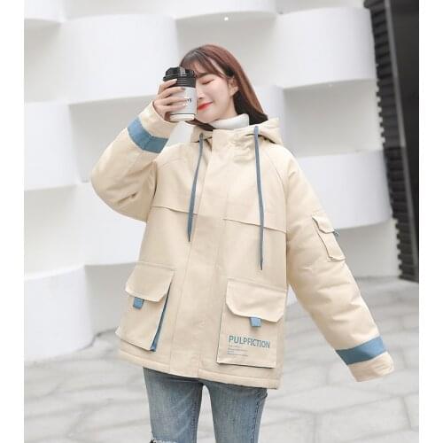 Winter Womens coat Couple Big pockets Coats hooded tooling Female jacket Korean loose Casual cotton Zippers jacket Ladies Tops