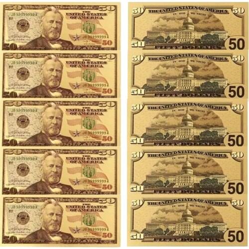 10pcs/lot USA 50 Dollar Gold Foiled Platsic Banknote Bill Fake Money United States OF America Replica Coin Souvenirs Drop Ship
