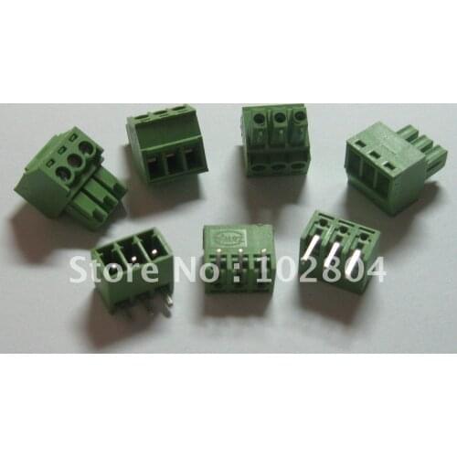 100 pcs Angle 3pin/way Pitch 3.81mm Screw Terminal Block Connector Green Color Pluggable Type with angle pin