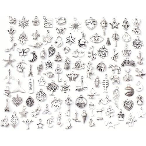 Jewelry Making Silver Charms 100Pcs Mixed Smooth Tibetan Silver Metal Charms Pendants DIY For Necklace Bracelet Jewelry Making