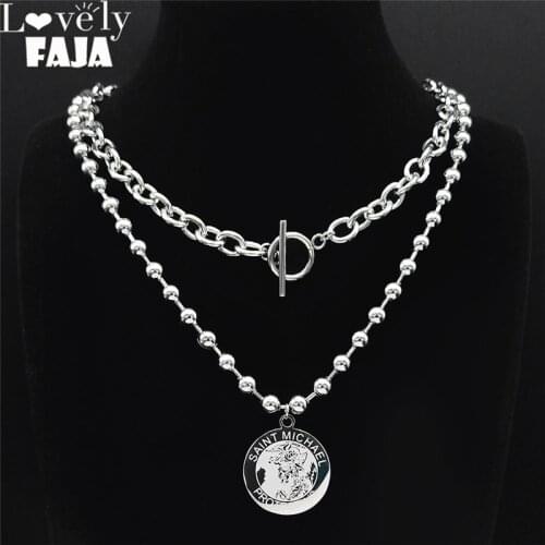 2pcs St-Michael Men Rings Good Lucky Talisman Religious Personality Stainless Steel Necklaces Men Jewelry gargantilla N2232S03