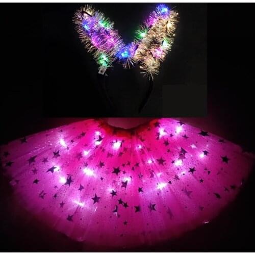 2021 New Mesh Ribbon Light-emitting LED Childrens Skirt Stage Dance Performance Festival Party Big Star Print Headband Rose Red